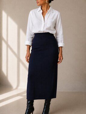 St. John Basics Santana Knit Midi Skirt Navy Blue Size 14 Vintage